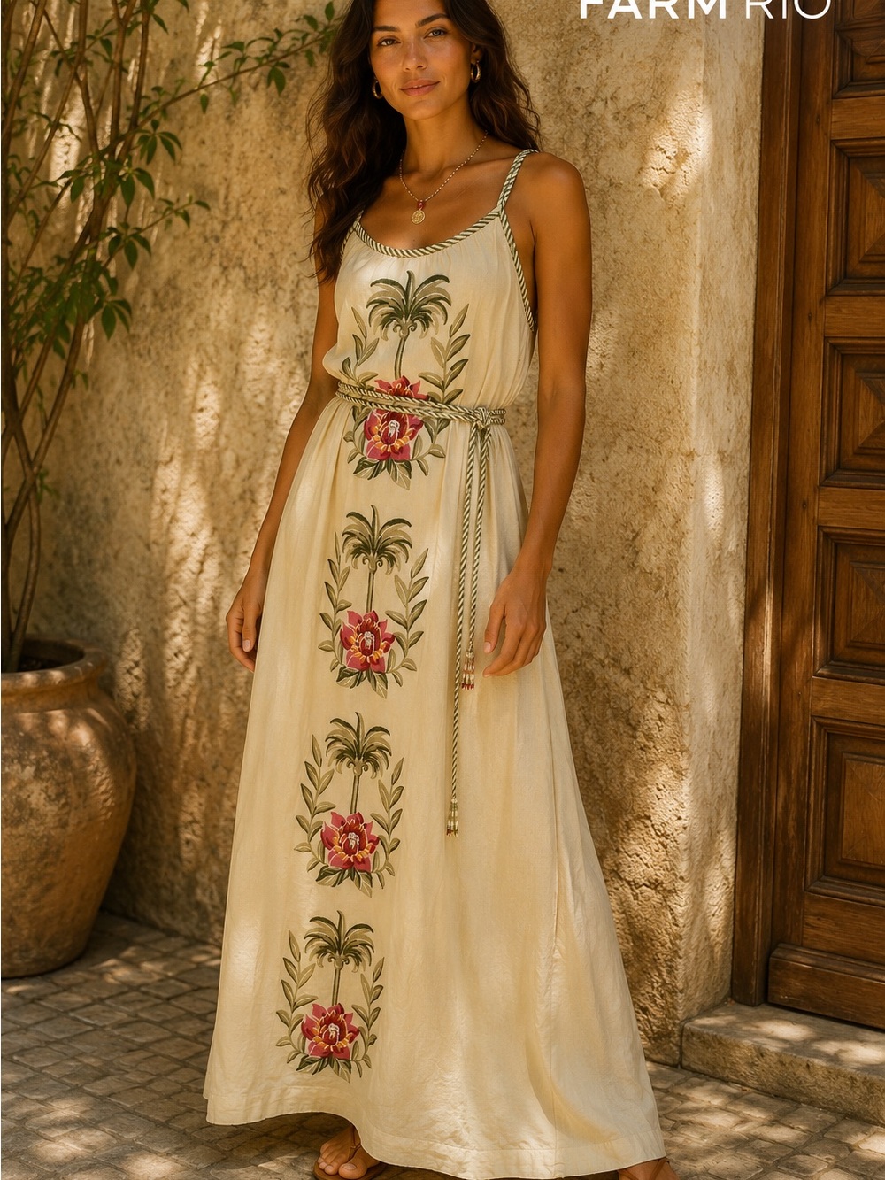FARM Rio Cream Maxi Dress with Pink Floral Embroidery